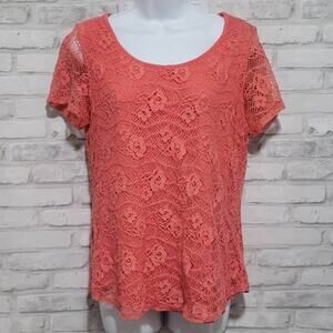 Leo & Nicole Rose Lace Floral Coral Womens Summer Medium Blouse